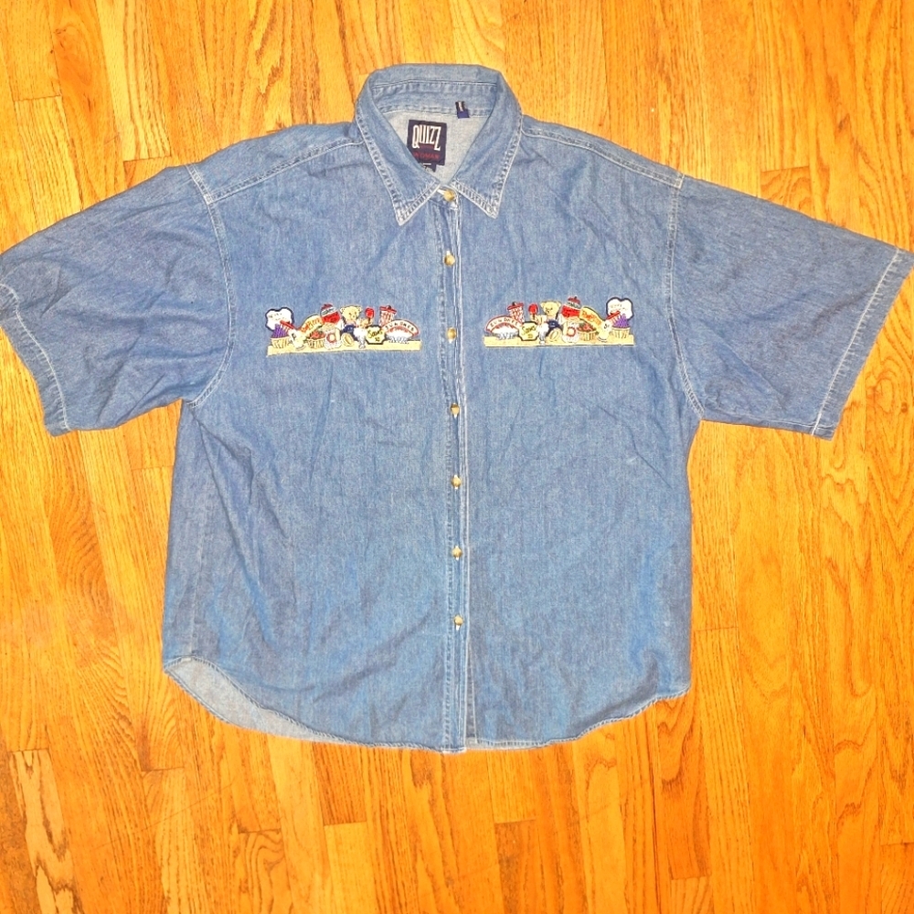 Soda Fountain General Store Bear Sz 22 Plus Embroidered Granny Shirt Denim 90's